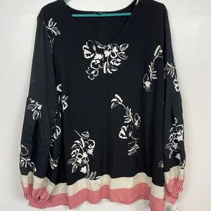 Alfani Womens Blouse Bishop-Sleeve V-Neck Floral Print Black Pink Stripe Plus 1X